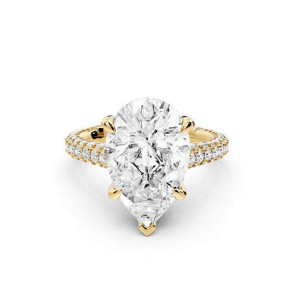 Bianca - 4ct 18k yellow gold pear Diamond hidden halo with a diamond crown and bridge rollover pave cathedral Engagement ring - Mr. Alex Jewelry