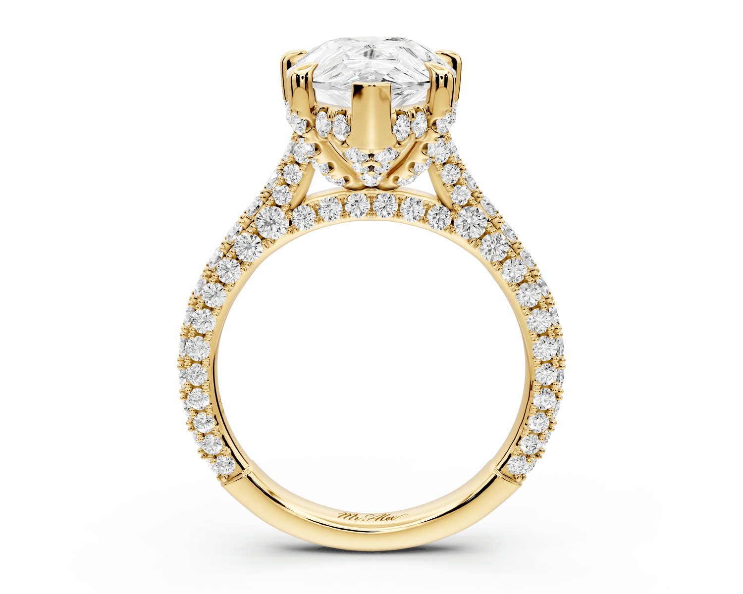 Bianca - 4ct 18k yellow gold pear Diamond hidden halo with a diamond crown and bridge rollover pave cathedral Engagement ring - Mr. Alex Jewelry