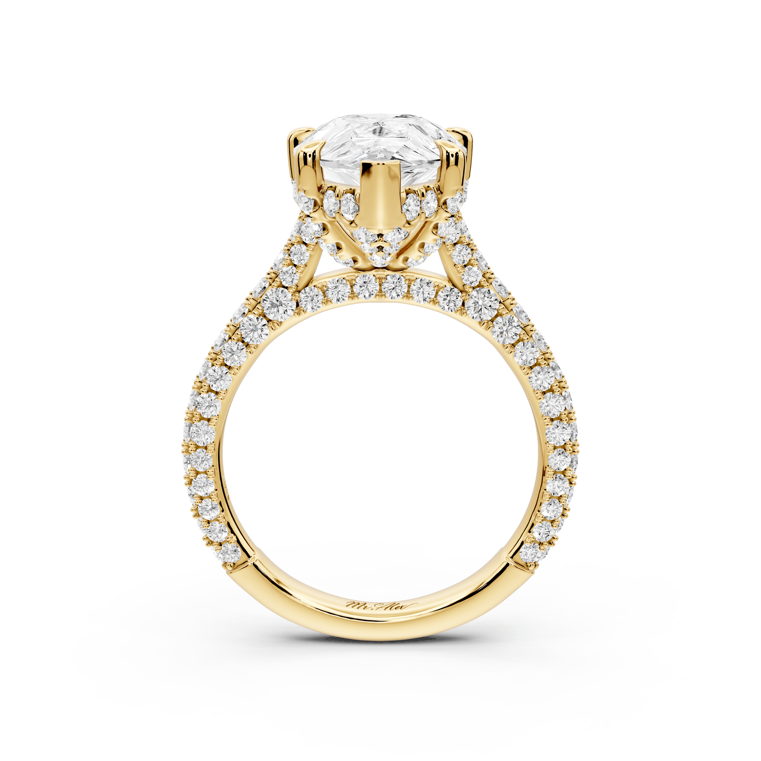 Bianca - 4ct 18k yellow gold pear Diamond hidden halo with a diamond crown and bridge rollover pave cathedral Engagement ring - Mr. Alex Jewelry