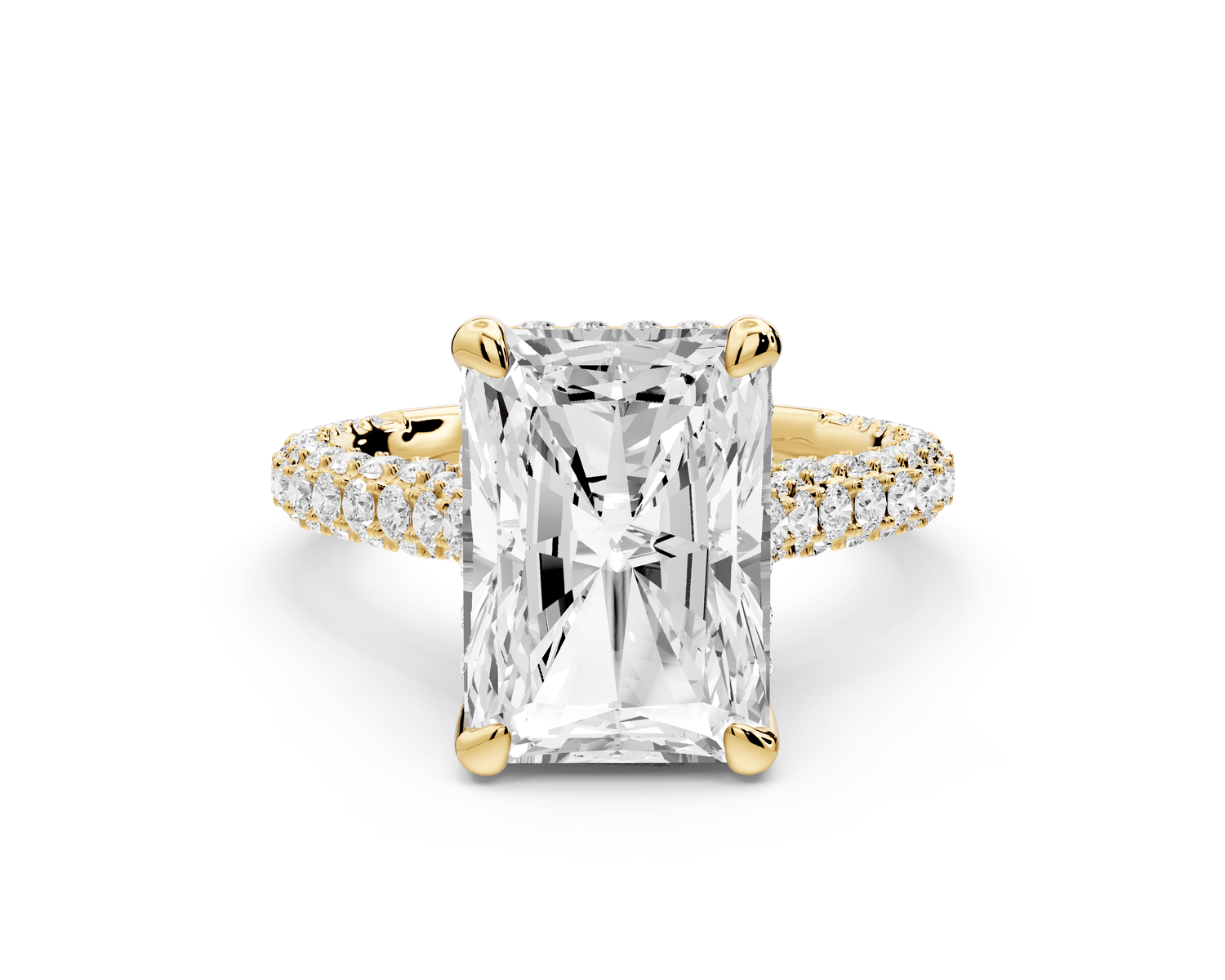 Bianca - 4ct 18k yellow gold radiant Diamond hidden halo with a diamond crown and bridge rollover pave cathedral engagement ring - Mr. Alex Jewelry