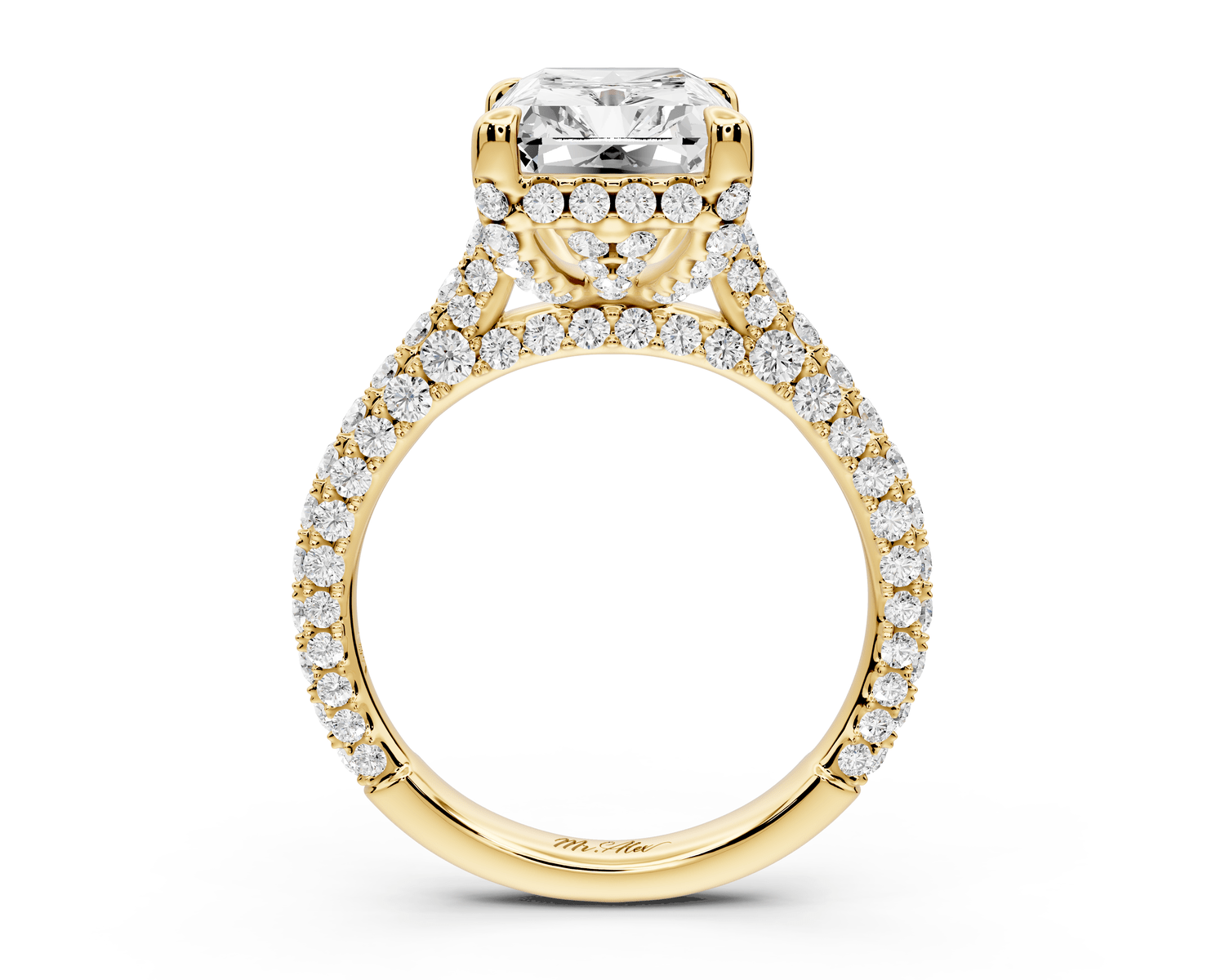 Bianca - 4ct 18k yellow gold radiant Diamond hidden halo with a diamond crown and bridge rollover pave cathedral engagement ring - Mr. Alex Jewelry
