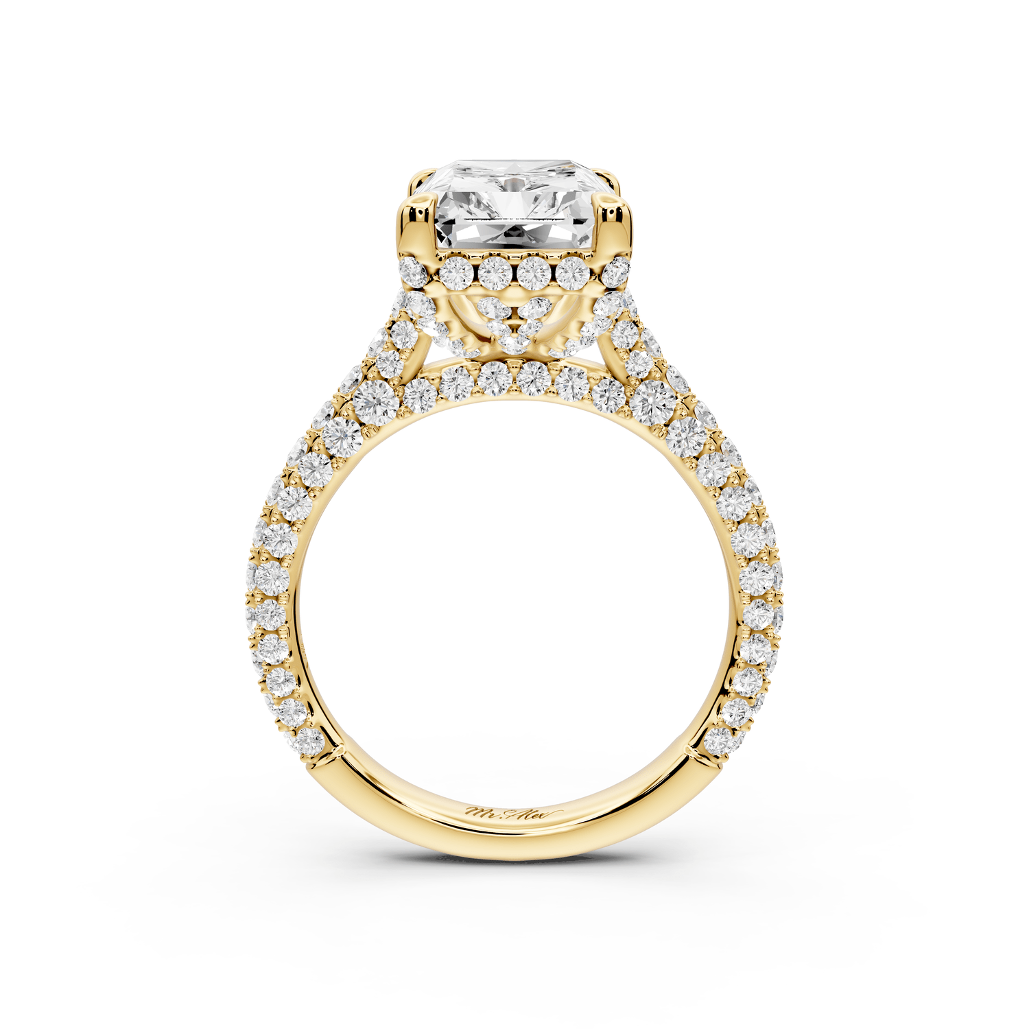 Bianca - 4ct 18k yellow gold radiant Diamond hidden halo with a diamond crown and bridge rollover pave cathedral engagement ring - Mr. Alex Jewelry