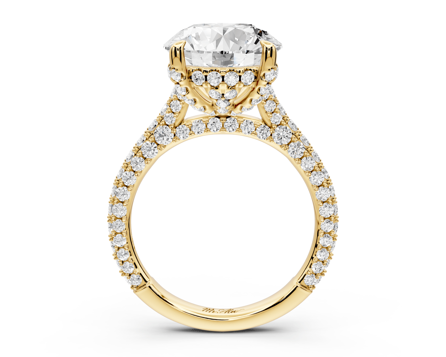 Bianca - 4ct 18k yellow gold round Diamond hidden halo with a diamond crown and bridge rollover pave cathedral engagment ring - Mr. Alex Jewelry