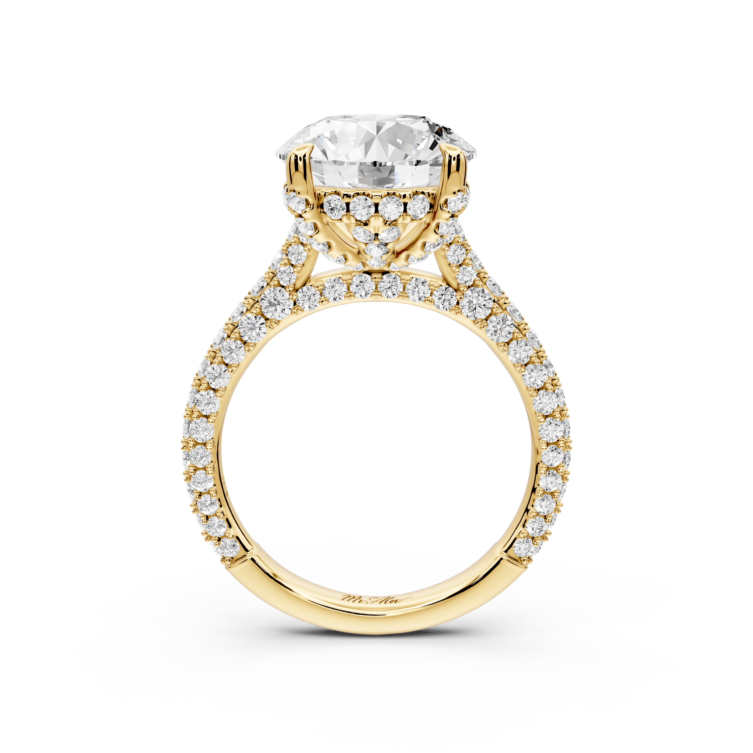 Bianca - 4ct 18k yellow gold round Diamond hidden halo with a diamond crown and bridge rollover pave cathedral engagment ring - Mr. Alex Jewelry