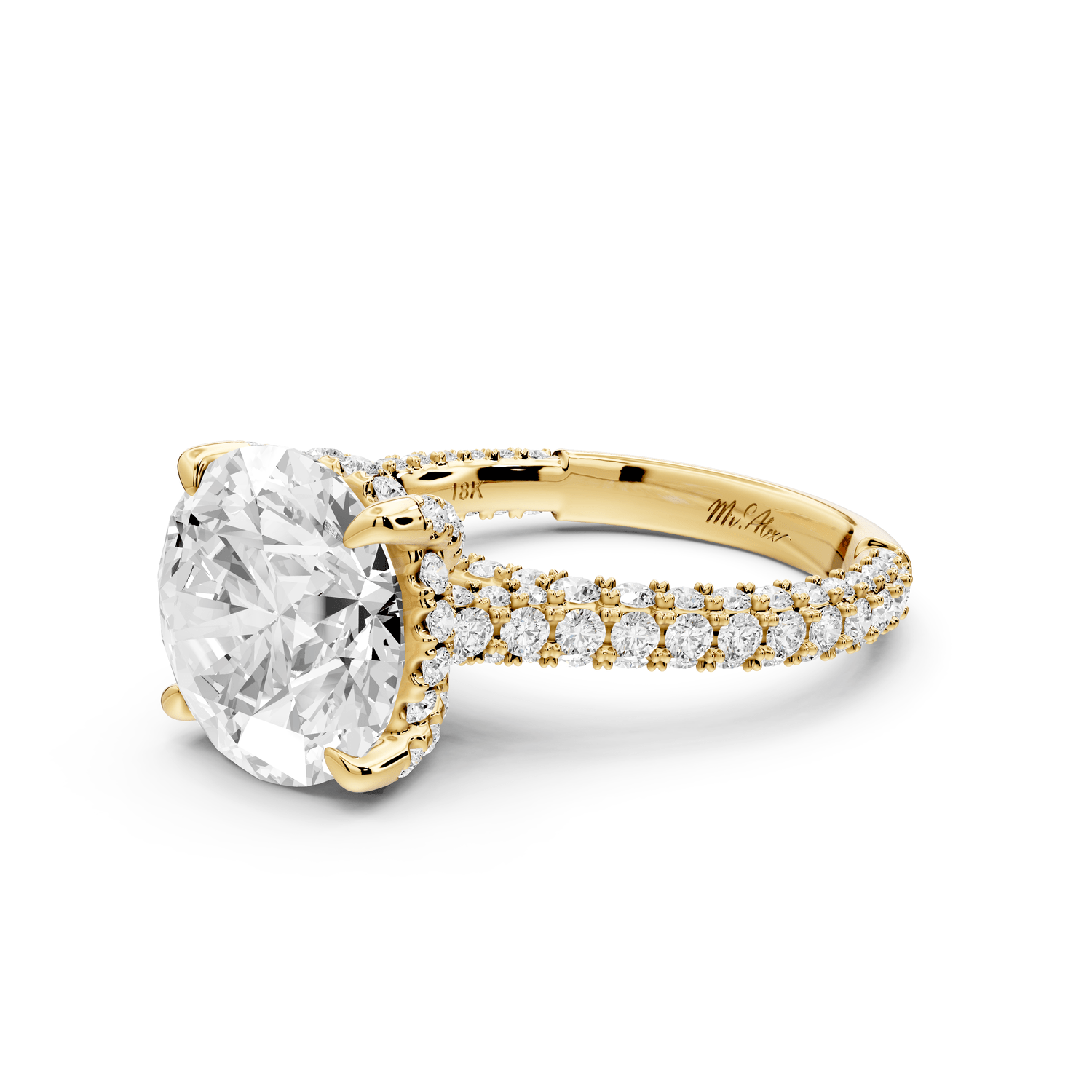 Bianca - 4ct 18k yellow gold round Diamond hidden halo with a diamond crown and bridge rollover pave cathedral engagment ring - Mr. Alex Jewelry