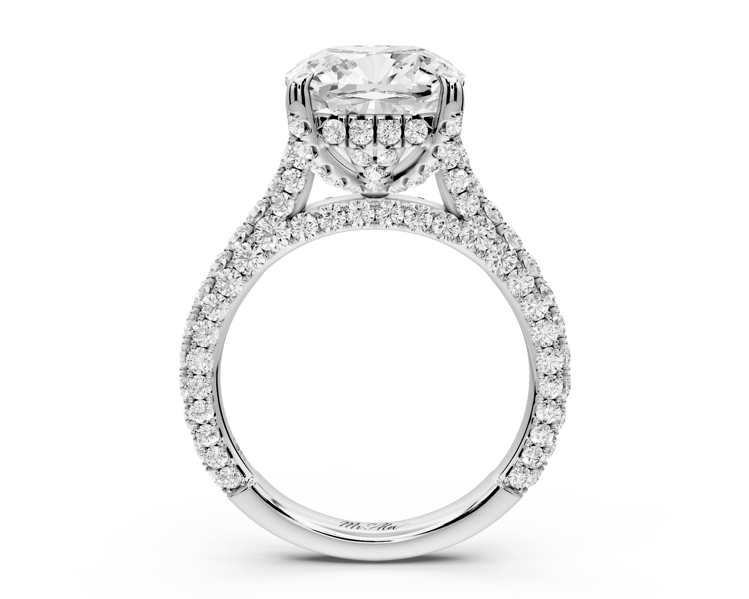 Bianca - 4ct platinum cushion Diamond hidden halo with a diamond crown and bridge rollover pave cathedral engagement ring - Mr. Alex Jewelry