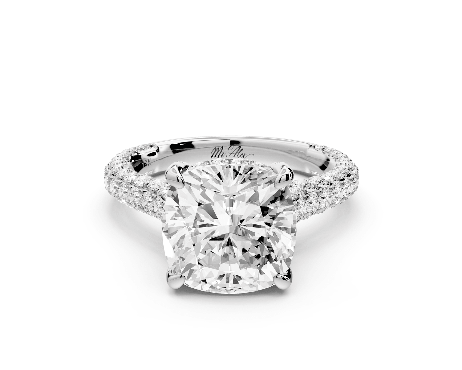 Bianca - 4ct platinum cushion Diamond hidden halo with a diamond crown and bridge rollover pave cathedral engagement ring - Mr. Alex Jewelry
