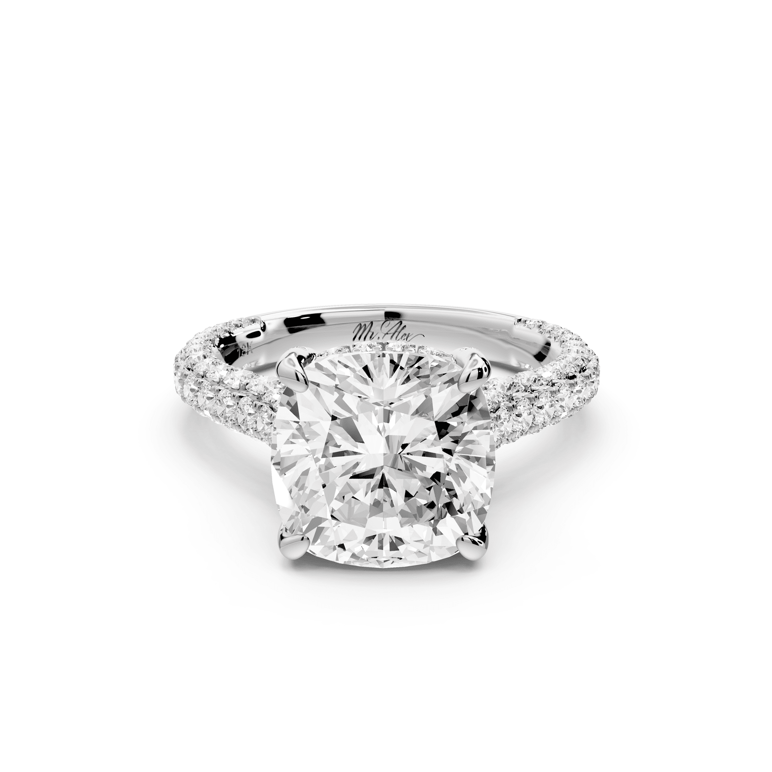 Bianca - 4ct platinum cushion Diamond hidden halo with a diamond crown and bridge rollover pave cathedral engagement ring - Mr. Alex Jewelry