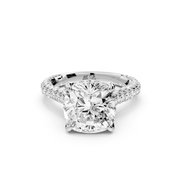 Bianca - 4ct platinum cushion Diamond hidden halo with a diamond crown and bridge rollover pave cathedral engagement ring - Mr. Alex Jewelry