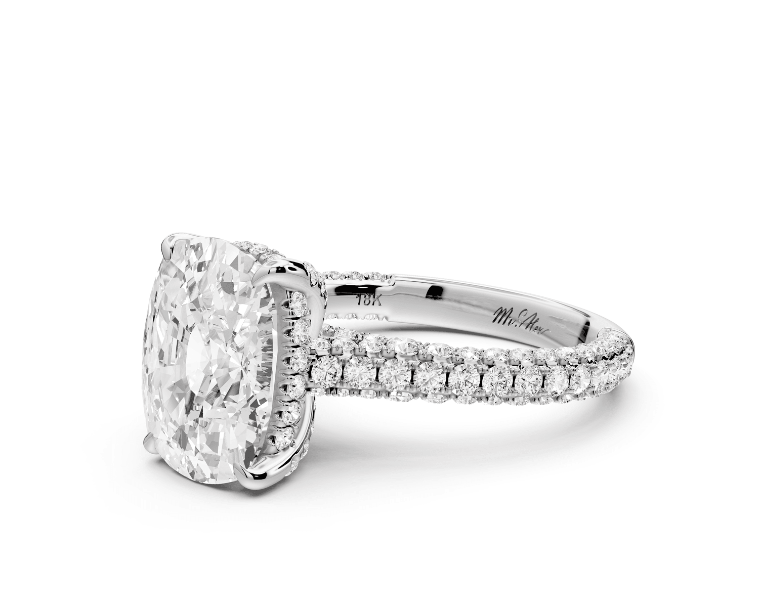 Bianca - 4ct platinum ecushion Diamond hidden halo with a diamond crown and bridge rollover pave cathedral engagement ring - Mr. Alex Jewelry