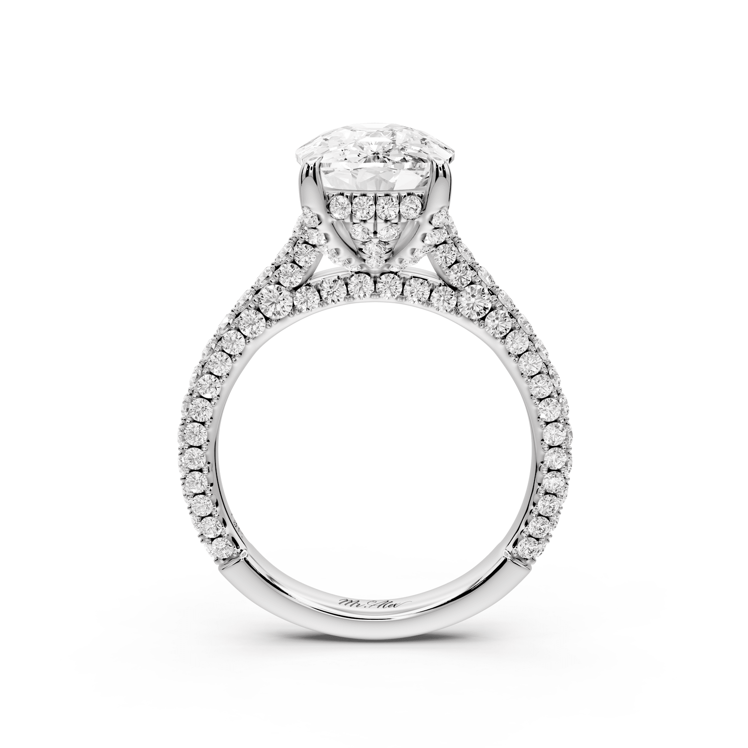 Bianca - 4ct platinum ecushion Diamond hidden halo with a diamond crown and bridge rollover pave cathedral engagement ring - Mr. Alex Jewelry