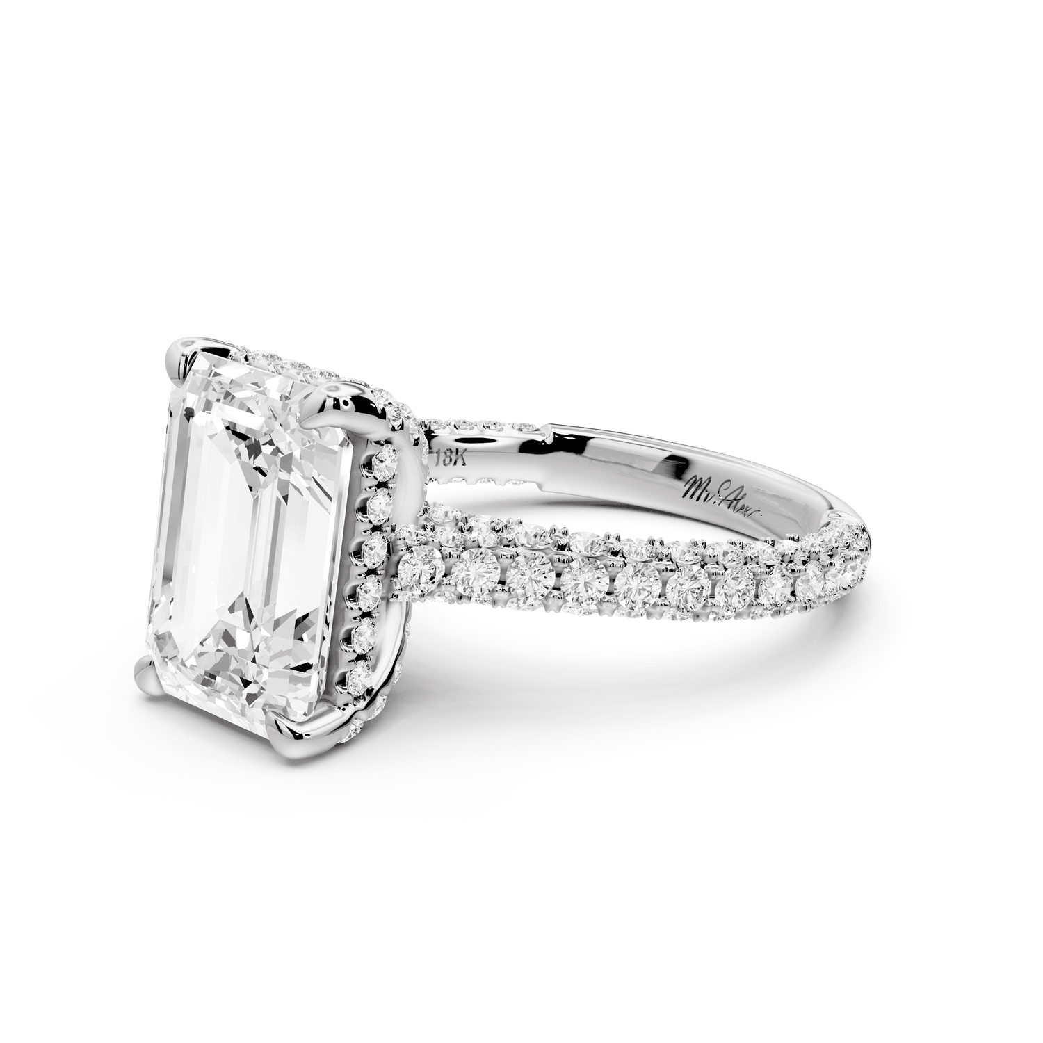 Bianca - 4ct platinum emerald Diamond hidden halo with a diamond crown and bridge rollover pave cathedral Engagement ring - Mr. Alex Jewelry