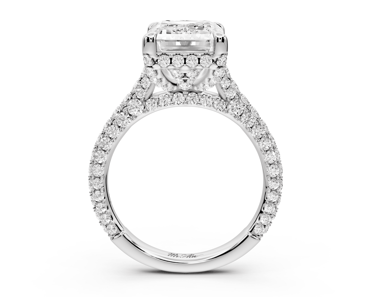 Bianca - 4ct platinum emerald Diamond hidden halo with a diamond crown and bridge rollover pave cathedral Engagement ring - Mr. Alex Jewelry