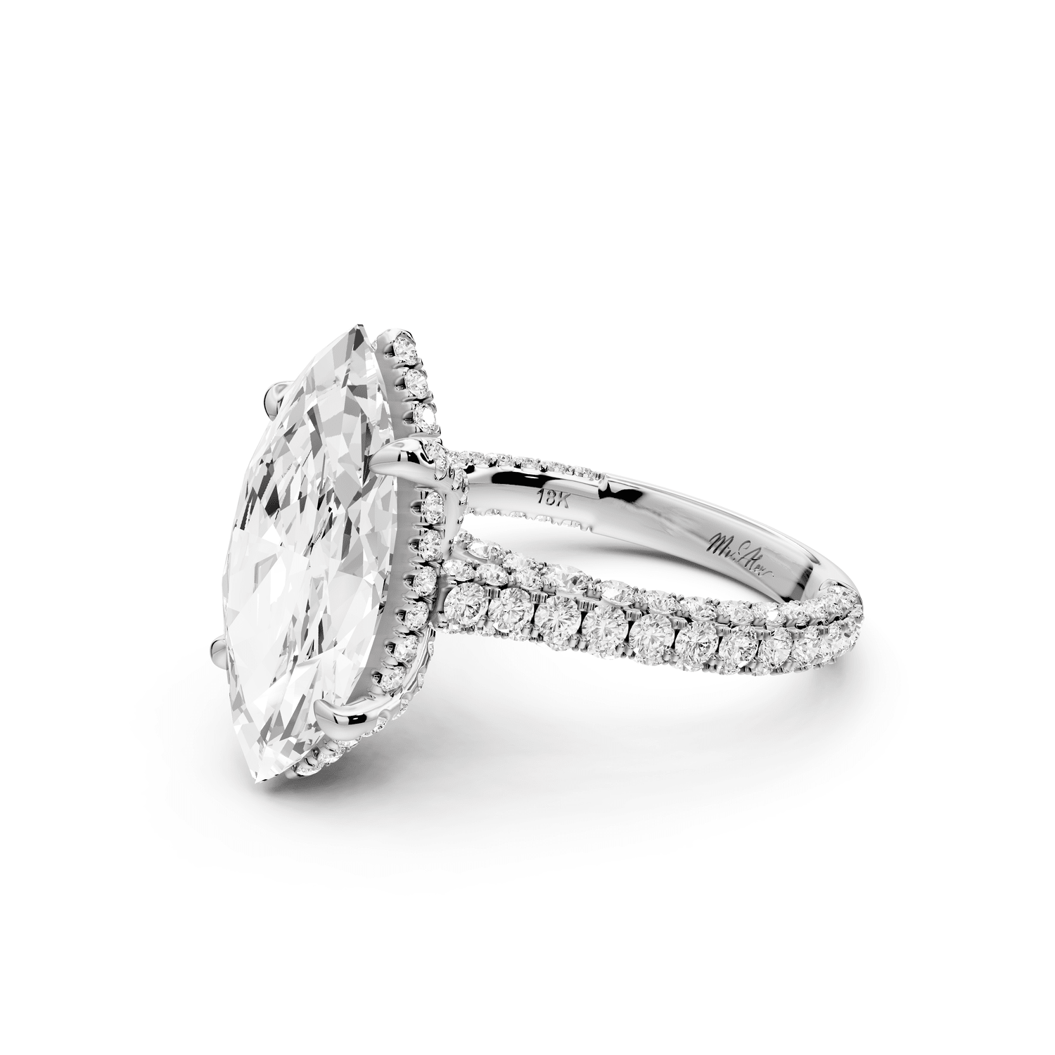 Bianca - 4ct platinum marquise Diamond hidden halo with a diamond crown and bridge rollover pave cathedral engagement ring - Mr. Alex Jewelry