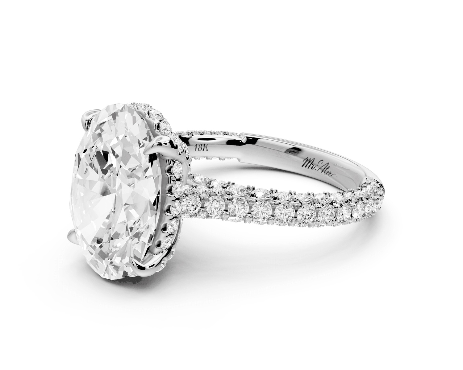 Bianca - 4ct platinum oval Diamond hidden halo with a diamond crown and bridge rollover pave cathedral Engagement ring - Mr. Alex Jewelry
