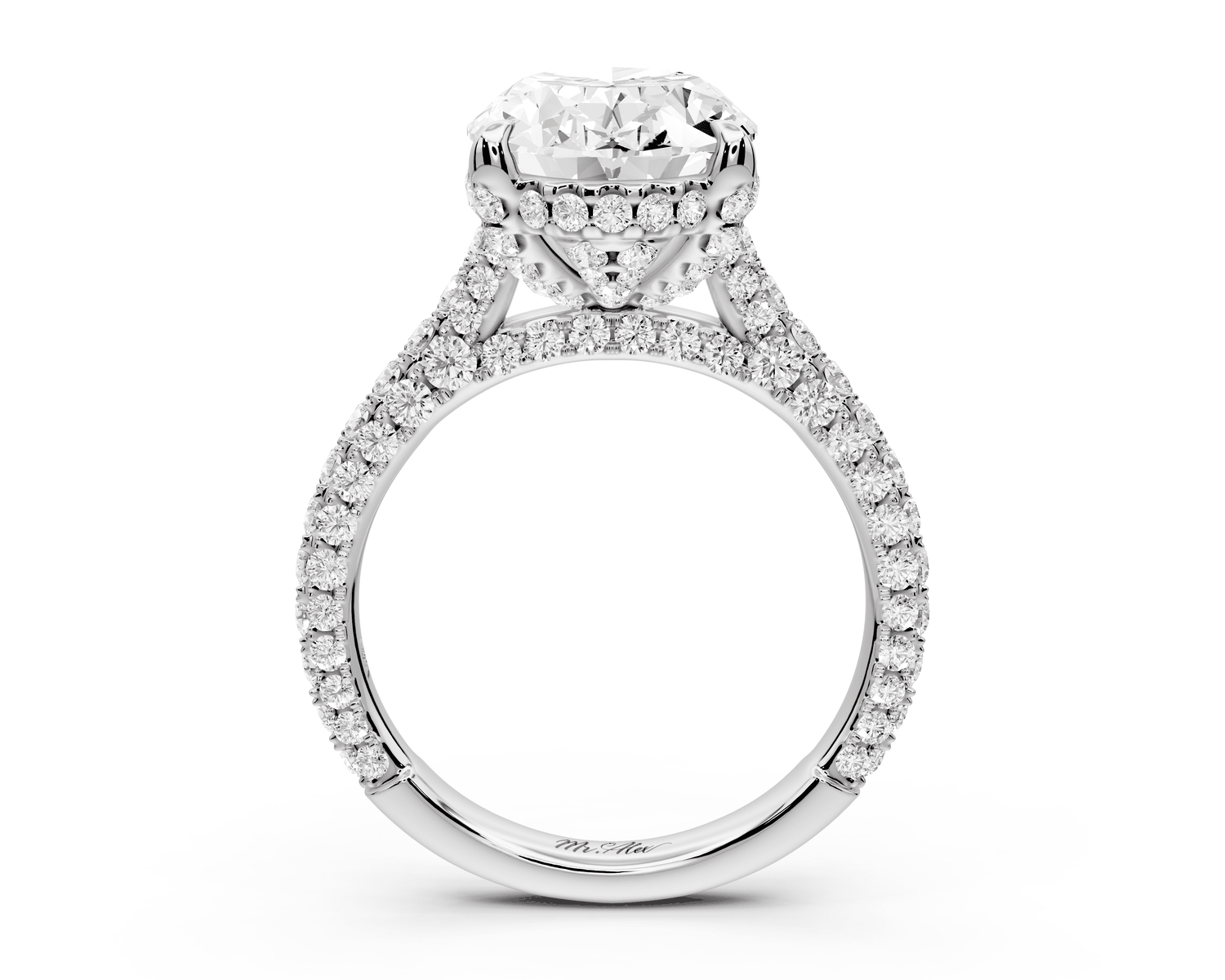 Bianca - 4ct platinum oval Diamond hidden halo with a diamond crown and bridge rollover pave cathedral Engagement ring - Mr. Alex Jewelry