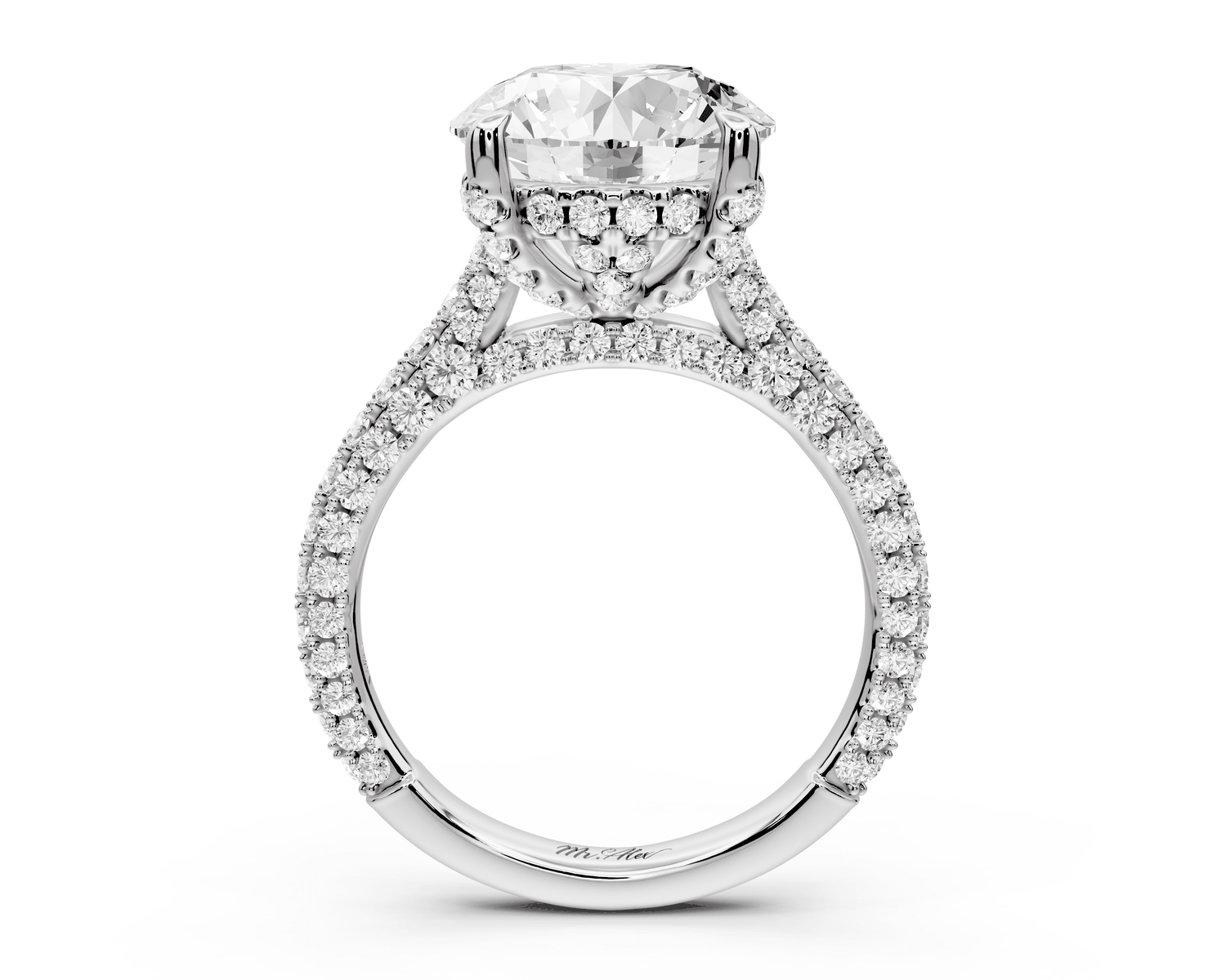 Bianca - 4ct platinum round Diamond hidden halo with a diamond crown and bridge rollover pave cathedral engagment ring - Mr. Alex Jewelry