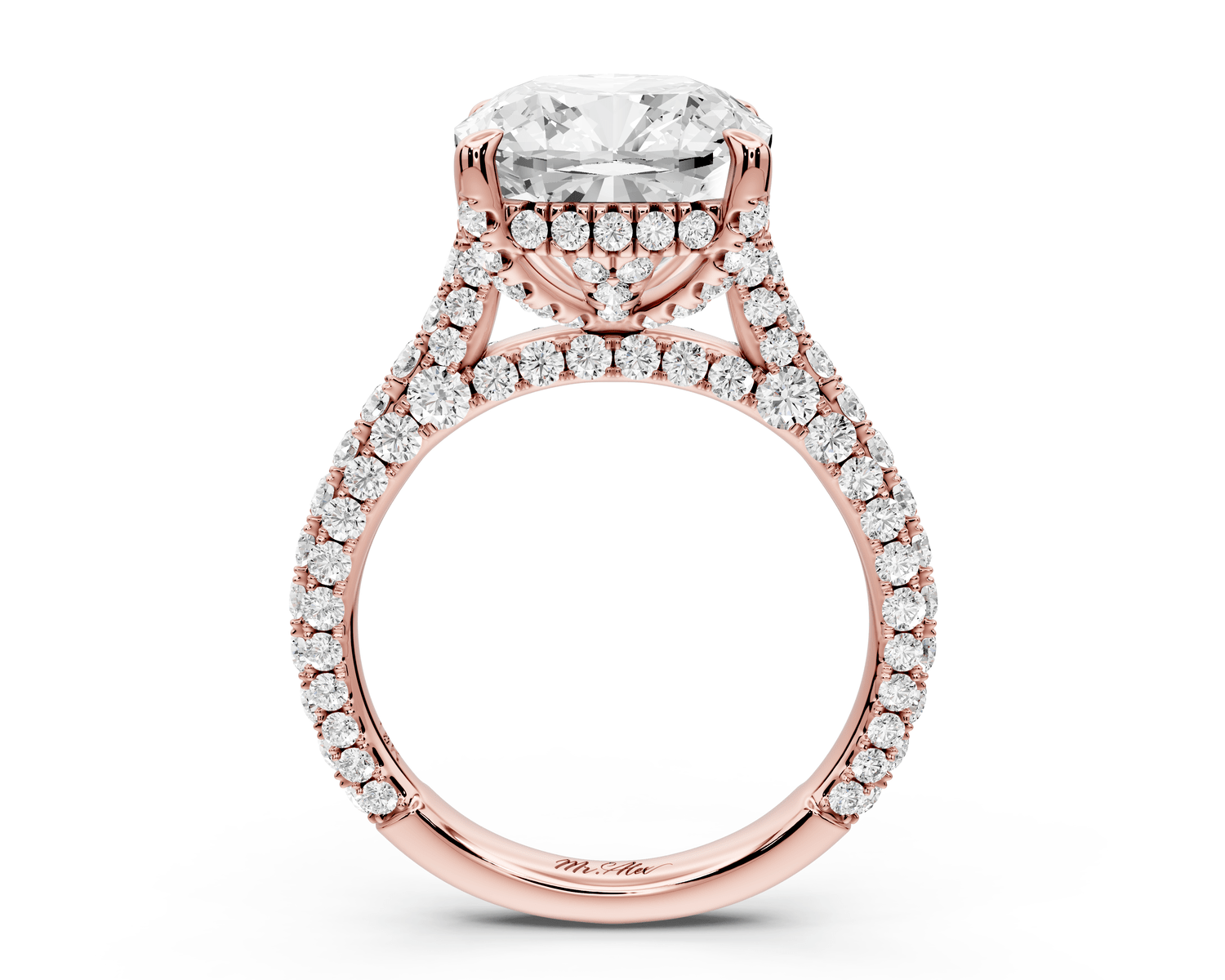 Bianca - 5ct 14k rose gold cushion Diamond hidden halo with a diamond crown and bridge rollover pave cathedral engagement ring - Mr. Alex Jewelry