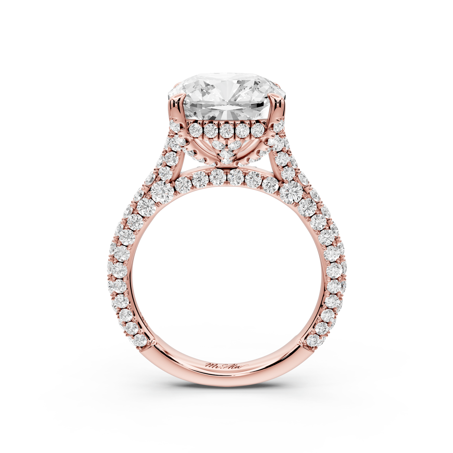 Bianca - 5ct 14k rose gold cushion Diamond hidden halo with a diamond crown and bridge rollover pave cathedral engagement ring - Mr. Alex Jewelry