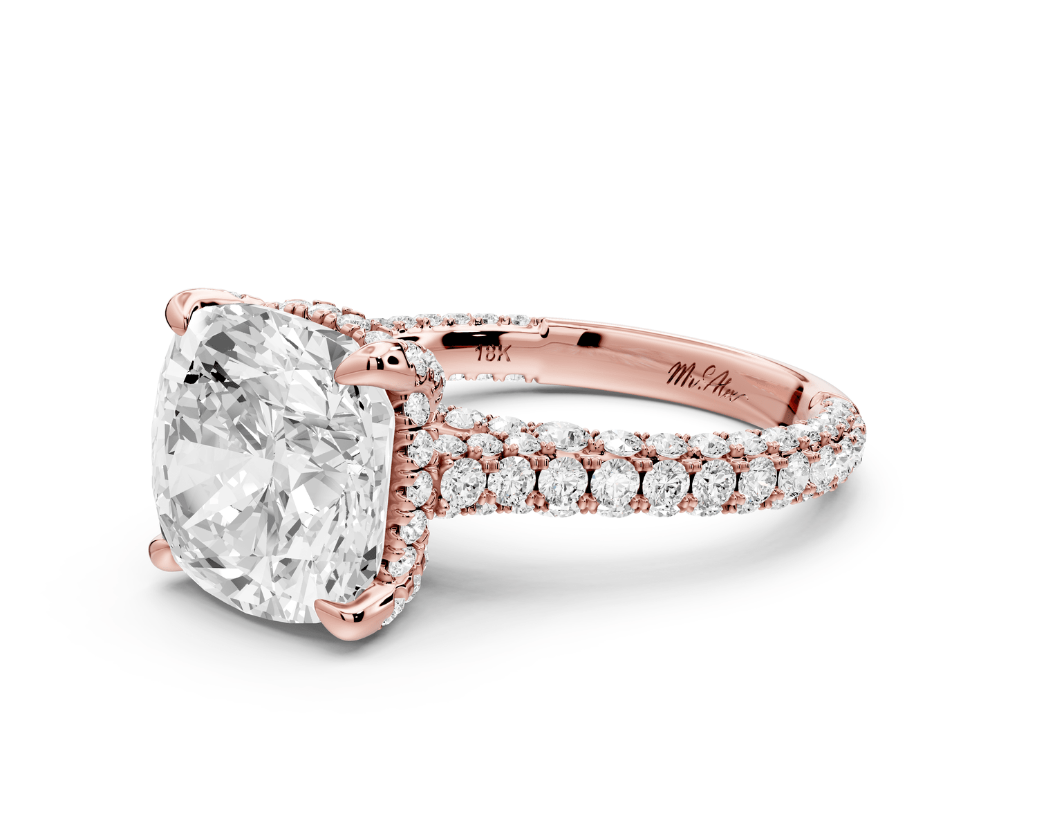 Bianca - 5ct 14k rose gold cushion Diamond hidden halo with a diamond crown and bridge rollover pave cathedral engagement ring - Mr. Alex Jewelry