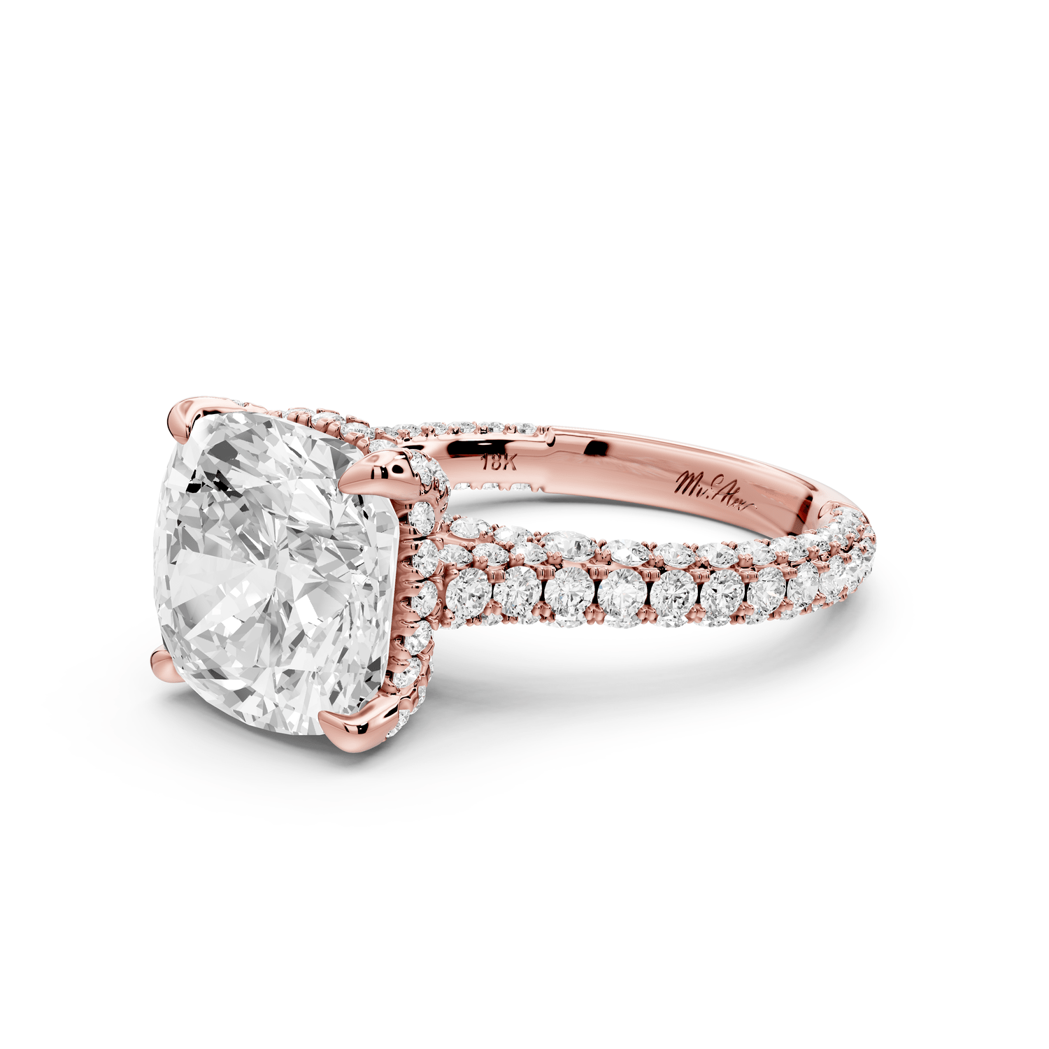 Bianca - 5ct 14k rose gold cushion Diamond hidden halo with a diamond crown and bridge rollover pave cathedral engagement ring - Mr. Alex Jewelry