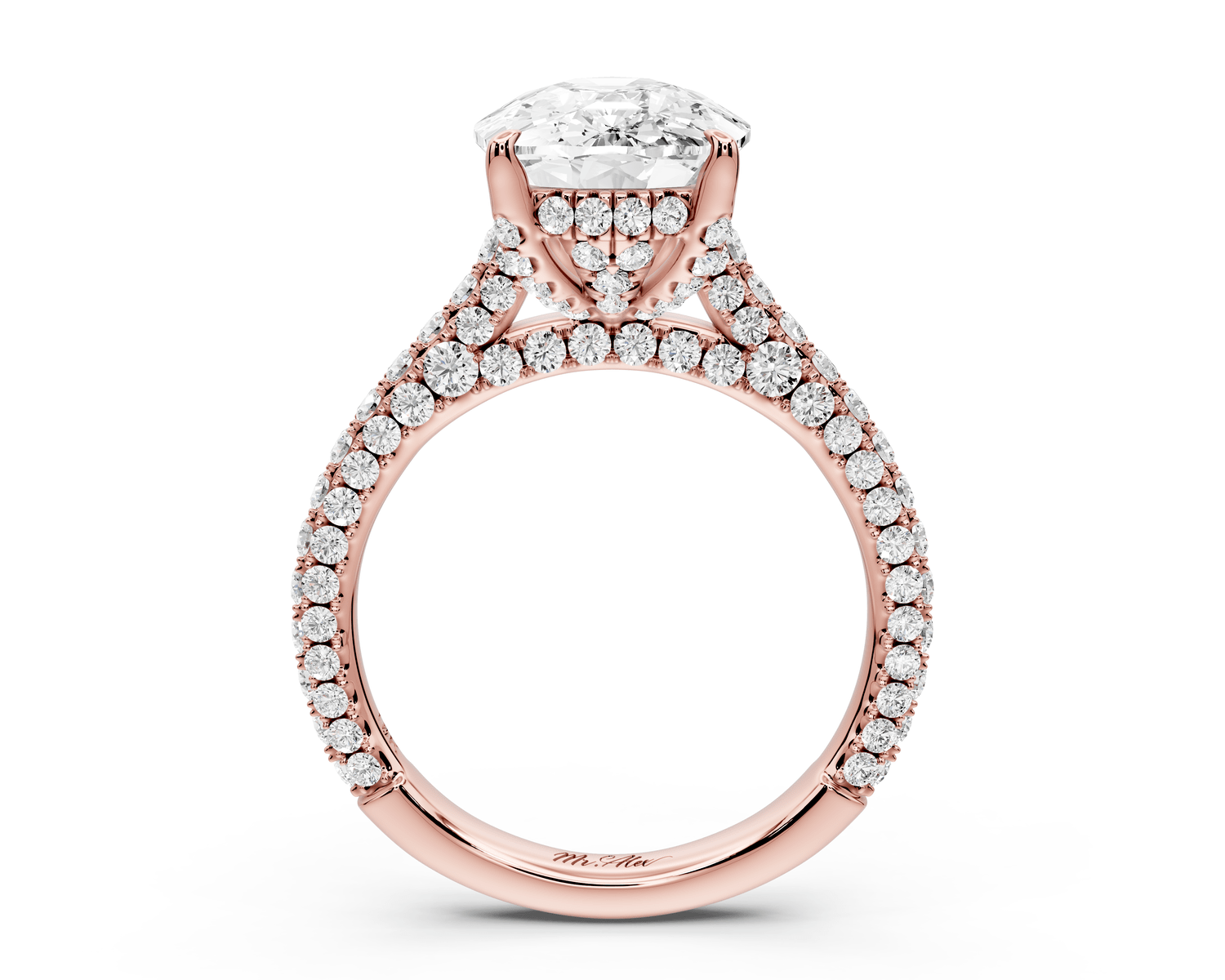 Bianca - 5ct 14k rose gold ecushion Diamond hidden halo with a diamond crown and bridge rollover pave cathedral engagement ring - Mr. Alex Jewelry
