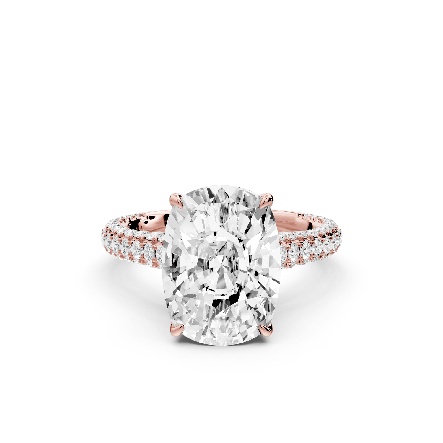 Bianca - 5ct 14k rose gold ecushion Diamond hidden halo with a diamond crown and bridge rollover pave cathedral engagement ring - Mr. Alex Jewelry