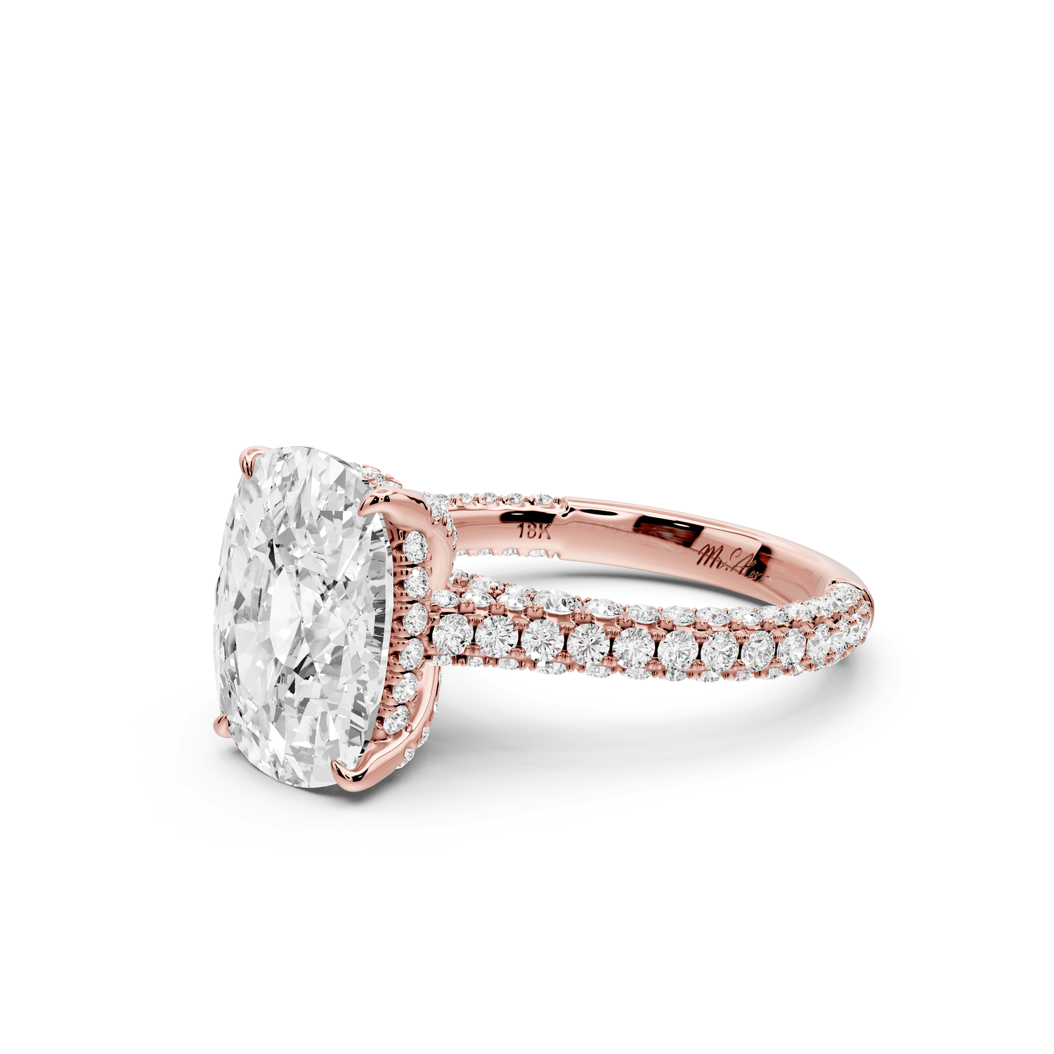 Bianca - 5ct 14k rose gold ecushion Diamond hidden halo with a diamond crown and bridge rollover pave cathedral engagement ring - Mr. Alex Jewelry