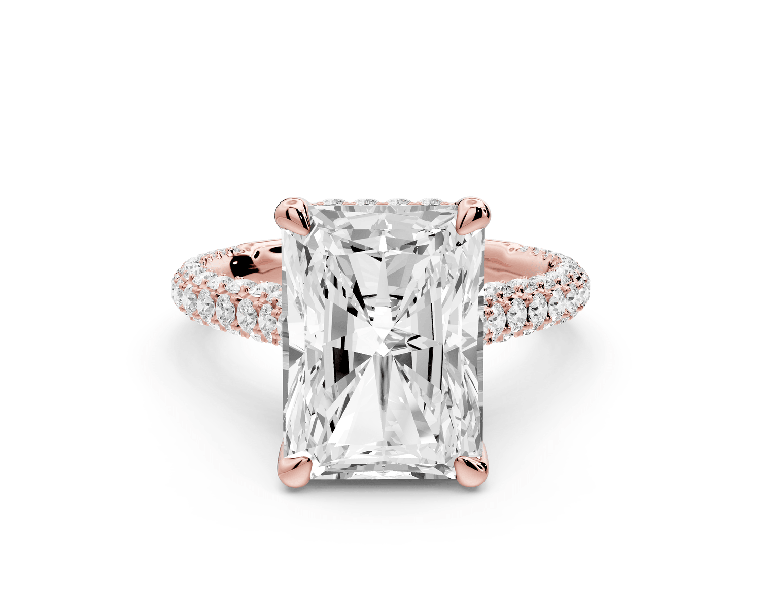 Bianca - 5ct 14k rose gold radiant Diamond hidden halo with a diamond crown and bridge rollover pave cathedral engagement ring - Mr. Alex Jewelry