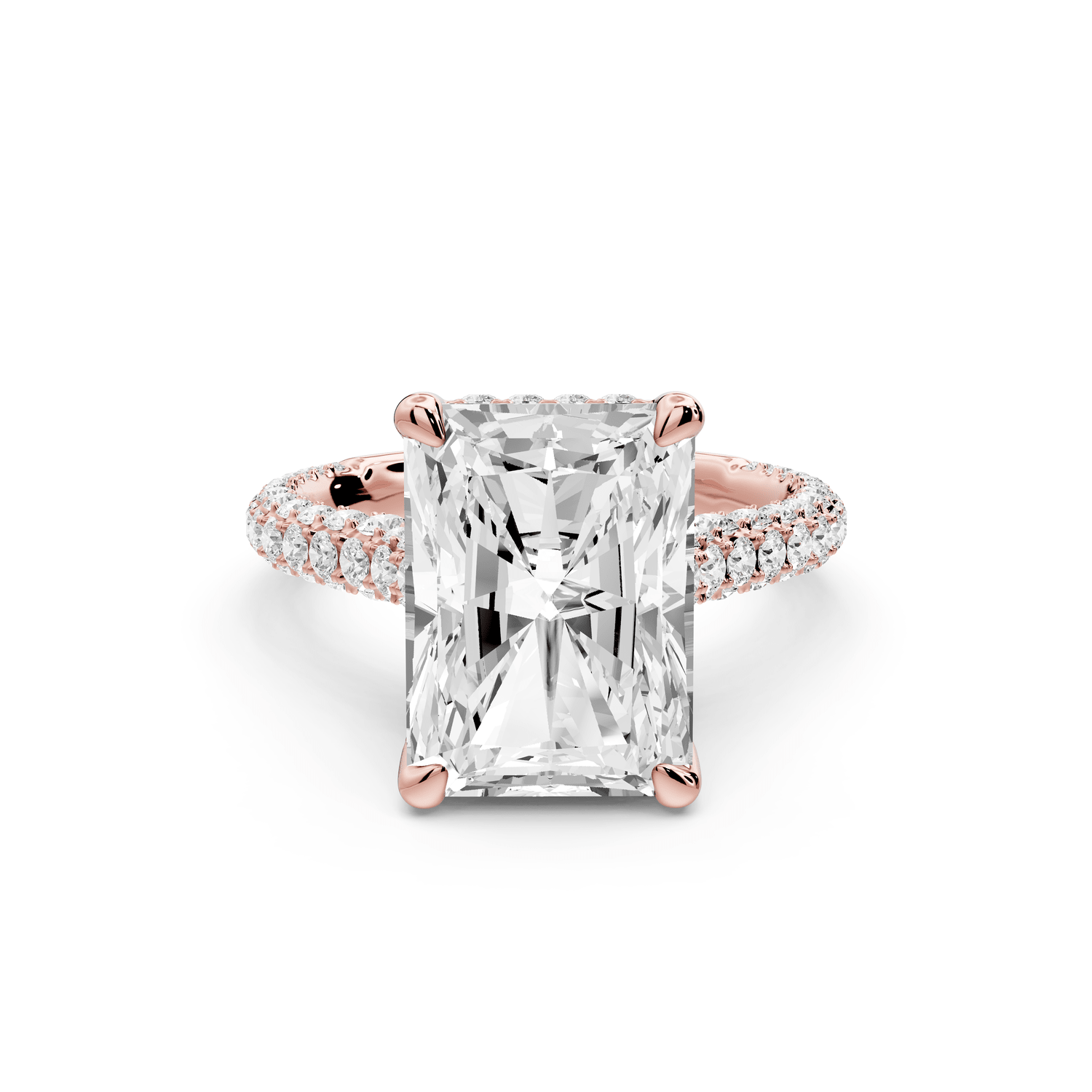 Bianca - 5ct 14k rose gold radiant Diamond hidden halo with a diamond crown and bridge rollover pave cathedral engagement ring - Mr. Alex Jewelry