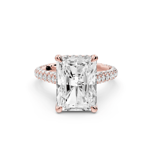 Bianca - 5ct 14k rose gold radiant Diamond hidden halo with a diamond crown and bridge rollover pave cathedral engagement ring - Mr. Alex Jewelry