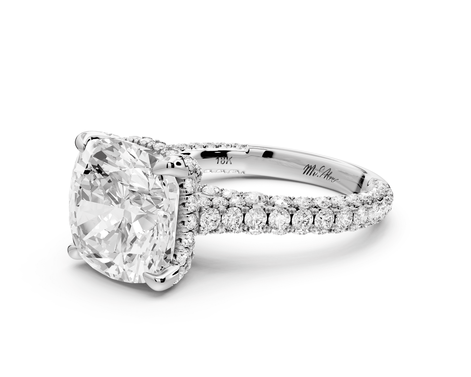 Bianca - 5ct 14k white gold cushion Diamond hidden halo with a diamond crown and bridge rollover pave cathedral engagement ring - Mr. Alex Jewelry