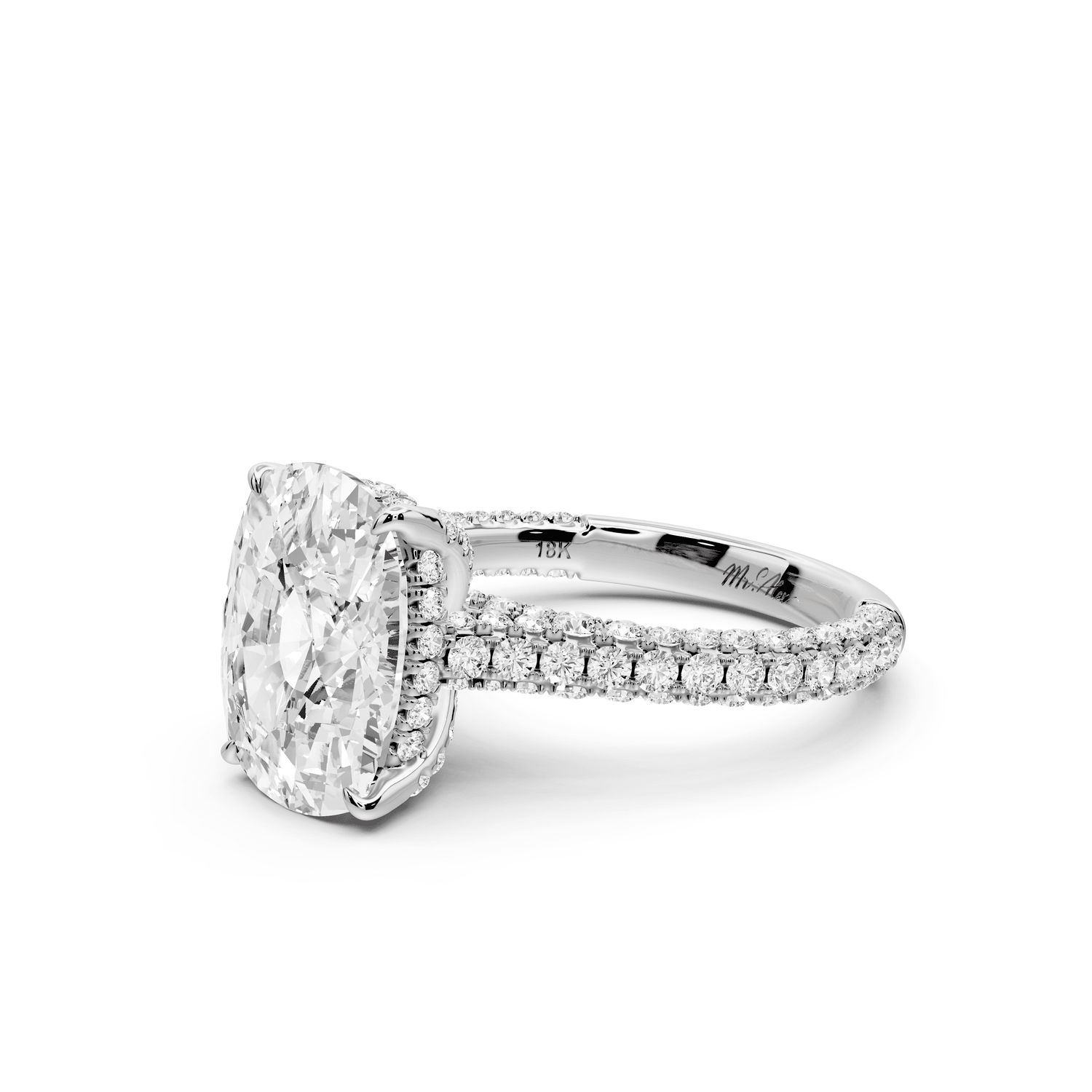 Bianca - 5ct 14k white gold ecushion Diamond hidden halo with a diamond crown and bridge rollover pave cathedral engagement ring - Mr. Alex Jewelry