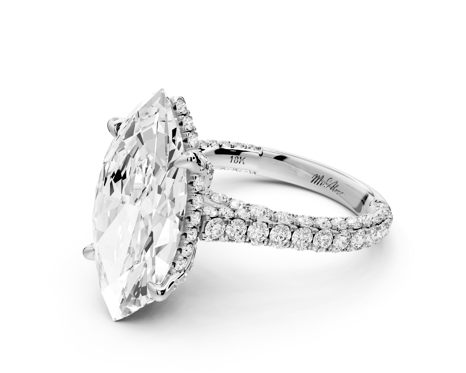 Bianca - 5ct 14k white gold marquise Diamond hidden halo with a diamond crown and bridge rollover pave cathedral engagement ring - Mr. Alex Jewelry