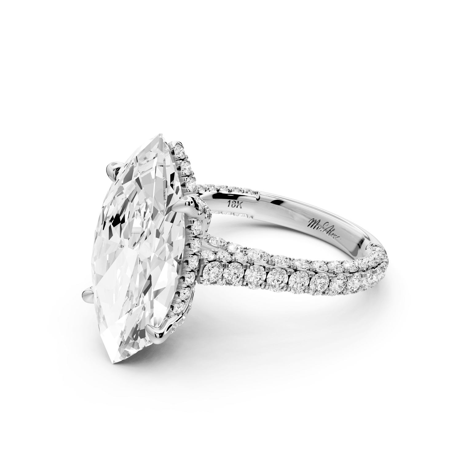 Bianca - 5ct 14k white gold marquise Diamond hidden halo with a diamond crown and bridge rollover pave cathedral engagement ring - Mr. Alex Jewelry