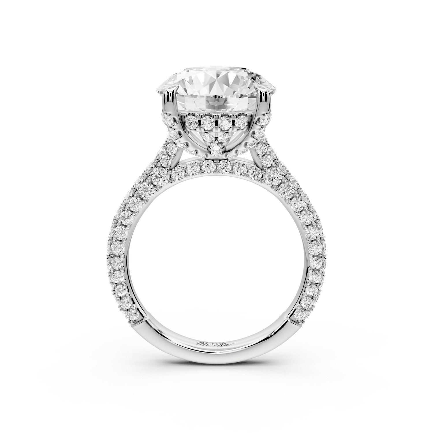Bianca - 5ct 14k white gold round Diamond hidden halo with a diamond crown and bridge rollover pave cathedral engagment ring - Mr. Alex Jewelry