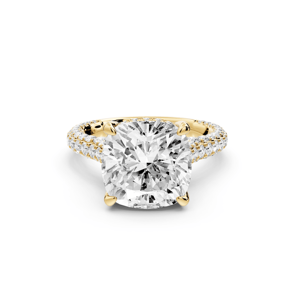 Bianca - 5ct 14k yellow gold cushion Diamond hidden halo with a diamond crown and bridge rollover pave cathedral engagement ring - Mr. Alex Jewelry