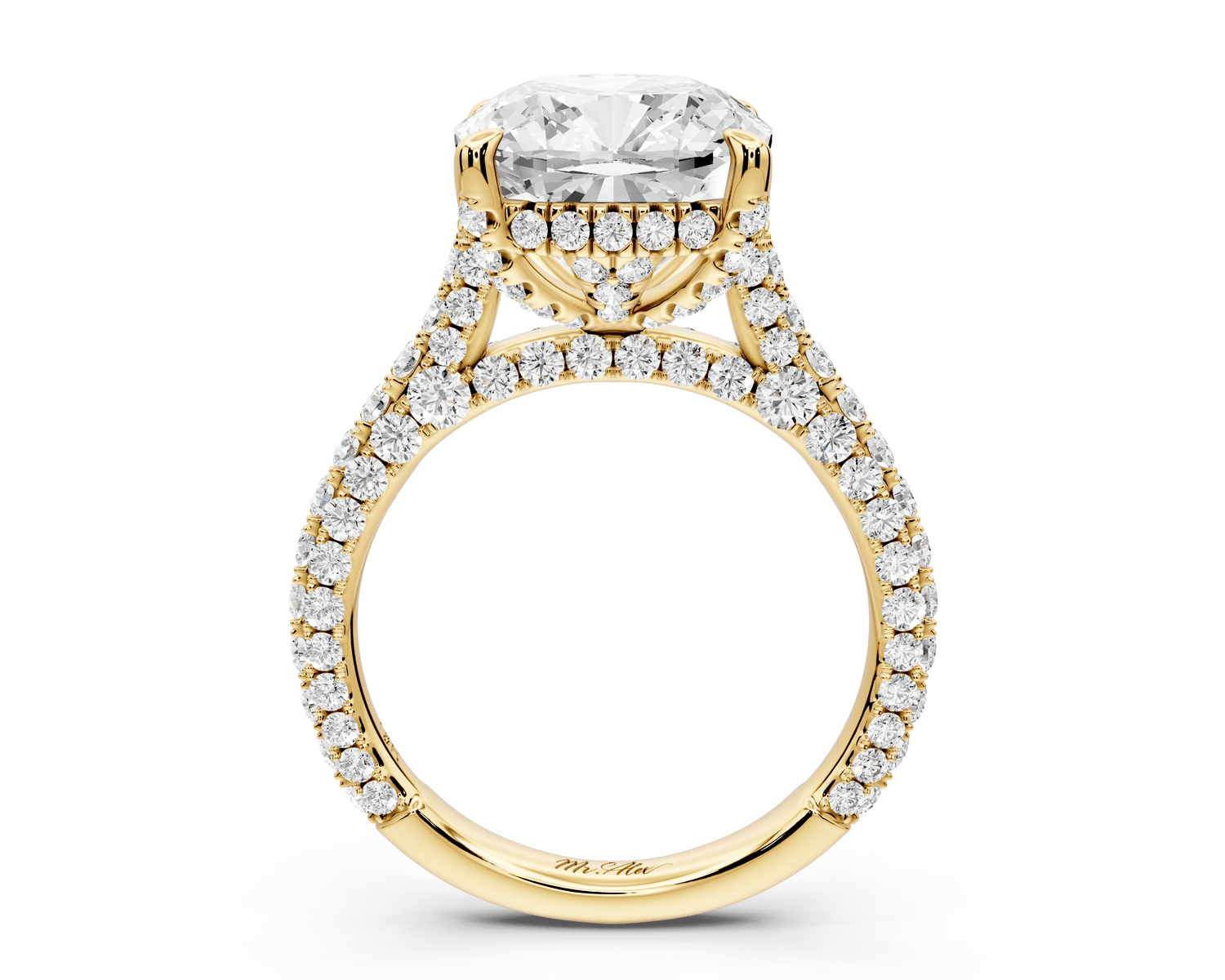 Bianca - 5ct 14k yellow gold cushion Diamond hidden halo with a diamond crown and bridge rollover pave cathedral engagement ring - Mr. Alex Jewelry