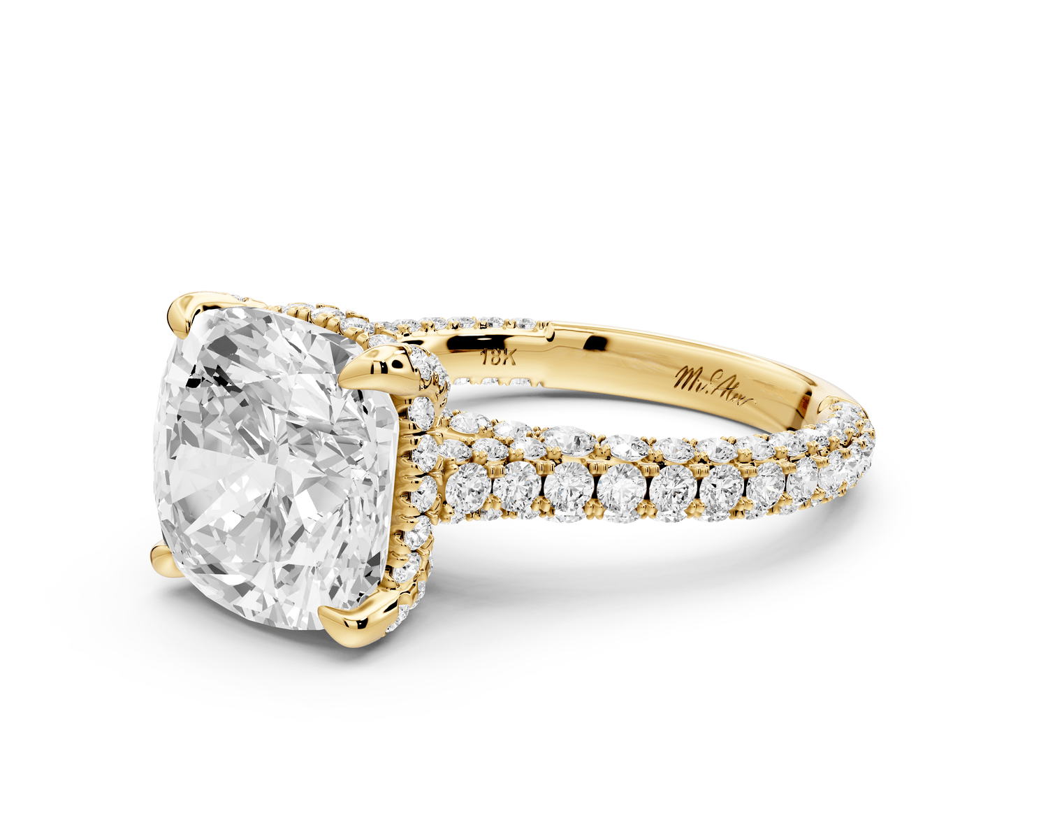 Bianca - 5ct 14k yellow gold cushion Diamond hidden halo with a diamond crown and bridge rollover pave cathedral engagement ring - Mr. Alex Jewelry