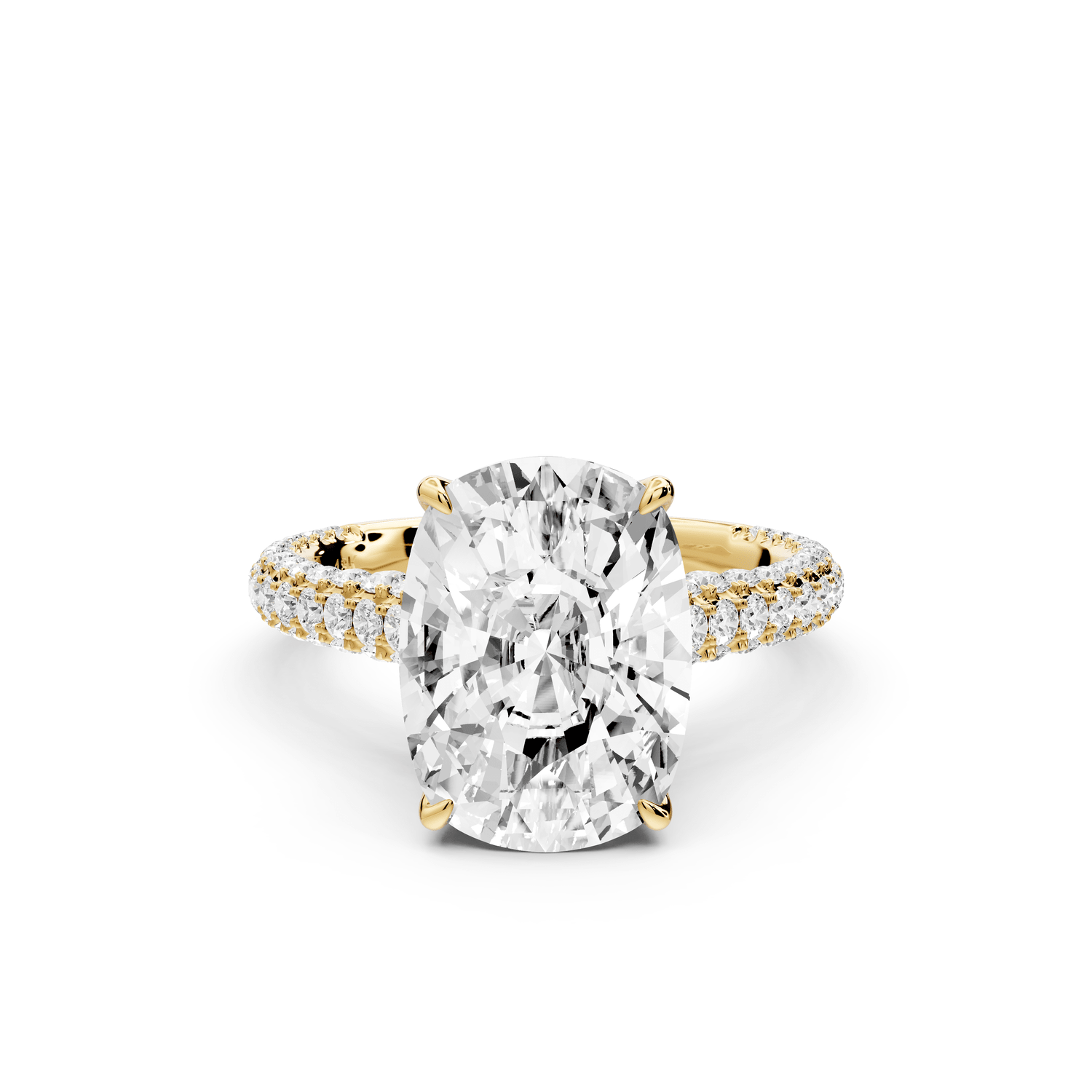 Bianca - 5ct 14k yellow gold ecushion Diamond hidden halo with a diamond crown and bridge rollover pave cathedral engagement ring - Mr. Alex Jewelry