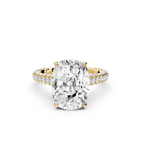 Bianca - 5ct 14k yellow gold ecushion Diamond hidden halo with a diamond crown and bridge rollover pave cathedral engagement ring - Mr. Alex Jewelry