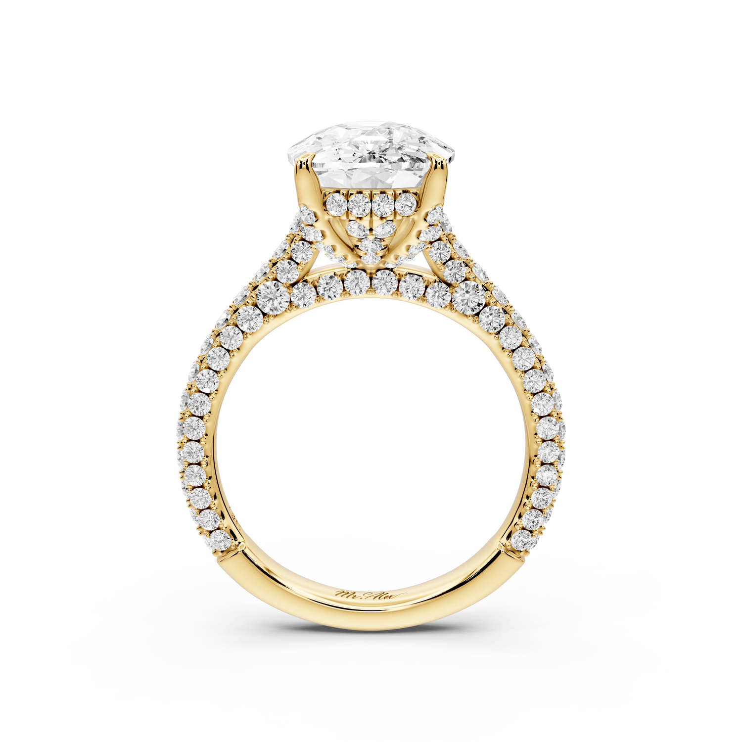 Bianca - 5ct 14k yellow gold ecushion Diamond hidden halo with a diamond crown and bridge rollover pave cathedral engagement ring - Mr. Alex Jewelry