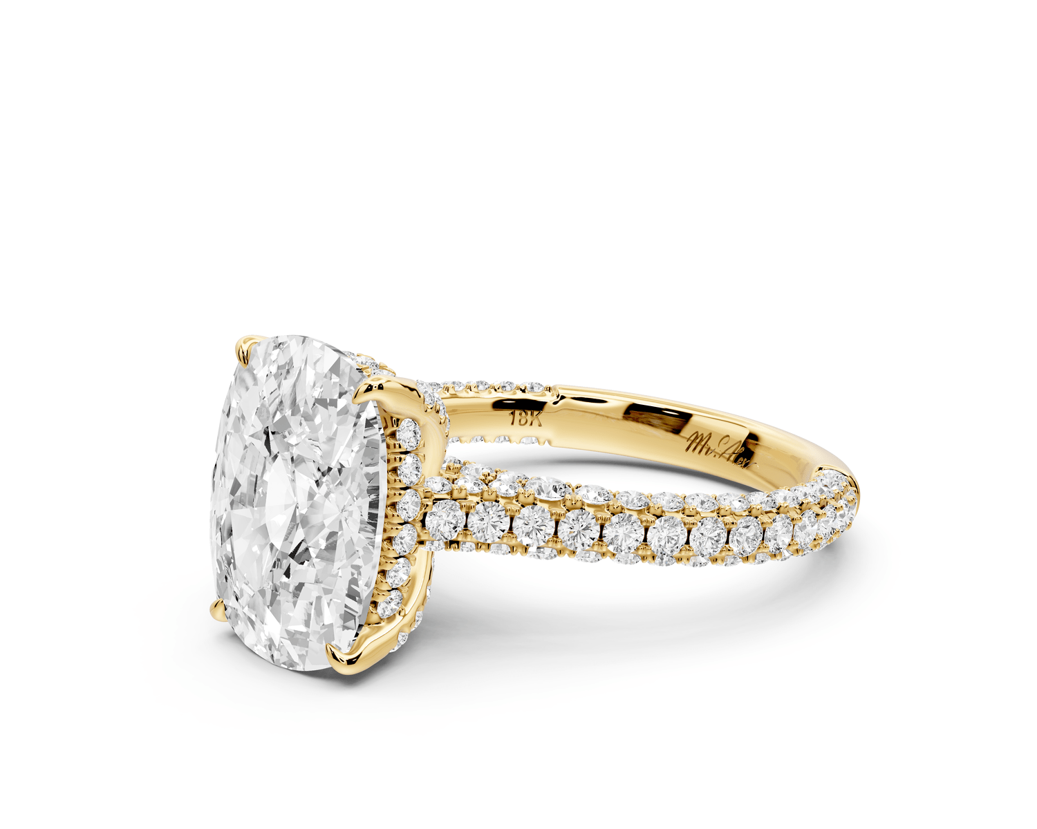 Bianca - 5ct 14k yellow gold ecushion Diamond hidden halo with a diamond crown and bridge rollover pave cathedral engagement ring - Mr. Alex Jewelry