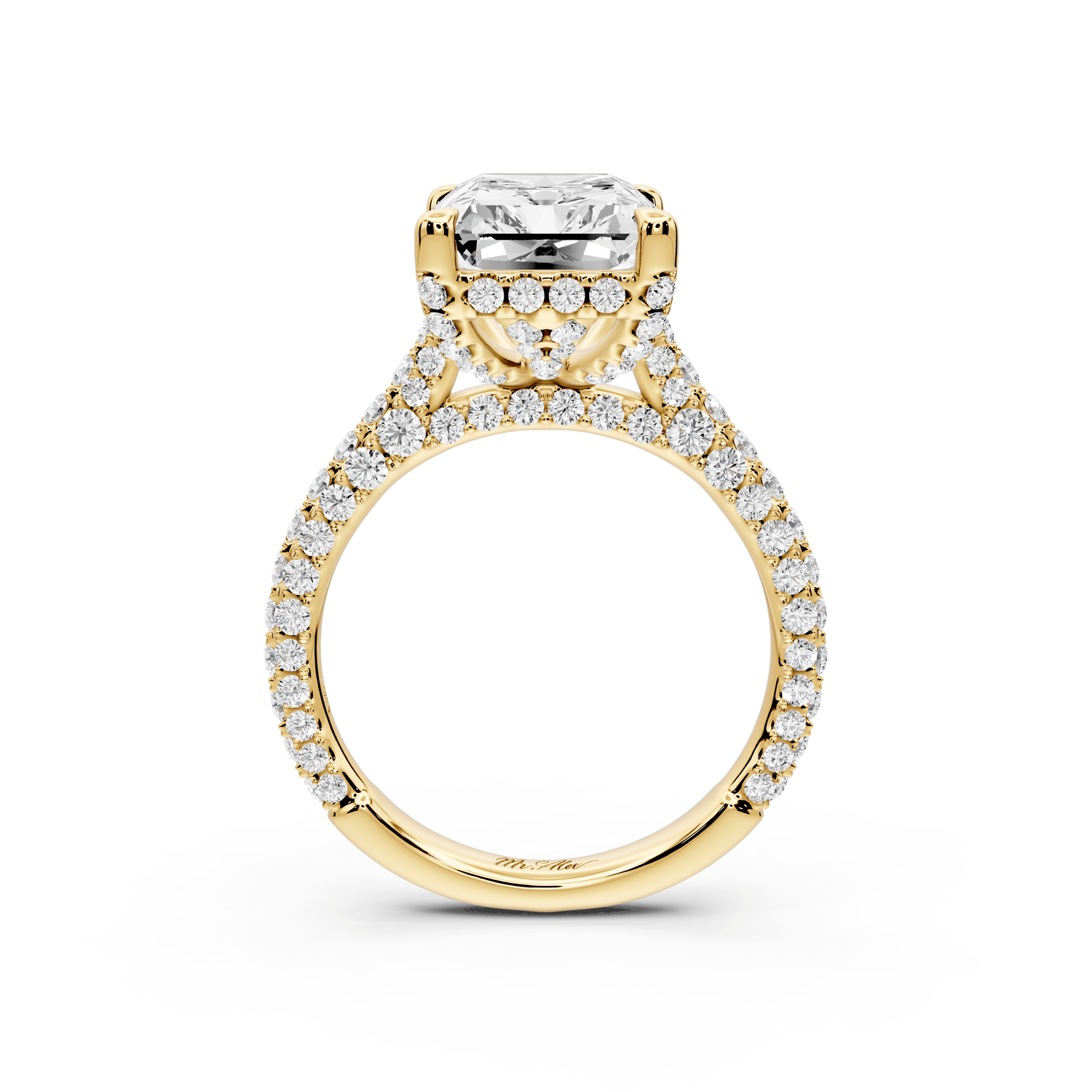 Bianca - 5ct 14k yellow gold radiant Diamond hidden halo with a diamond crown and bridge rollover pave cathedral engagement ring - Mr. Alex Jewelry