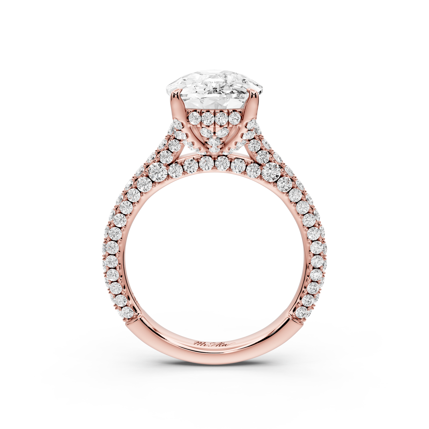 Bianca - 5ct 18k rose gold ecushion Diamond hidden halo with a diamond crown and bridge rollover pave cathedral engagement ring - Mr. Alex Jewelry