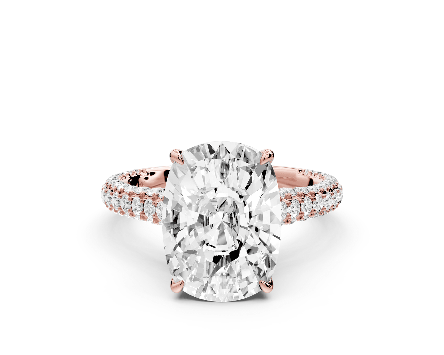 Bianca - 5ct 18k rose gold ecushion Diamond hidden halo with a diamond crown and bridge rollover pave cathedral engagement ring - Mr. Alex Jewelry