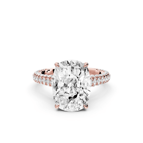 Bianca - 5ct 18k rose gold ecushion Diamond hidden halo with a diamond crown and bridge rollover pave cathedral engagement ring - Mr. Alex Jewelry