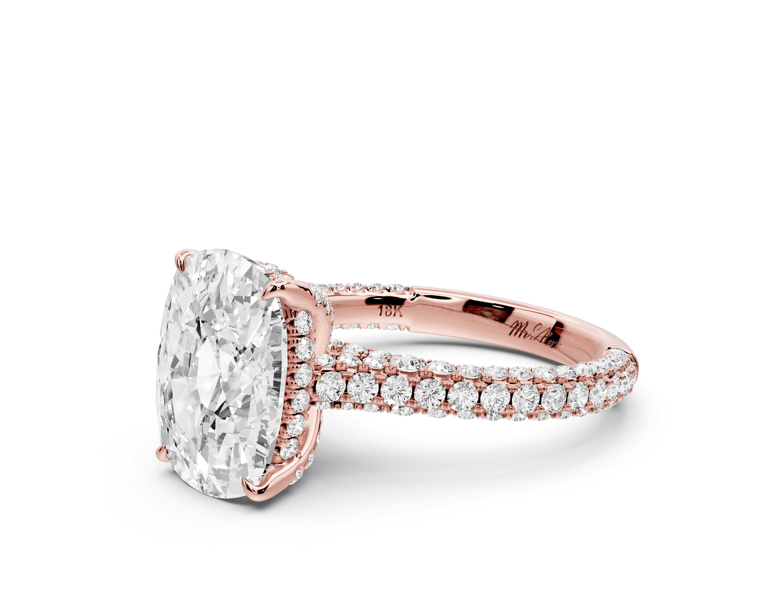 Bianca - 5ct 18k rose gold ecushion Diamond hidden halo with a diamond crown and bridge rollover pave cathedral engagement ring - Mr. Alex Jewelry