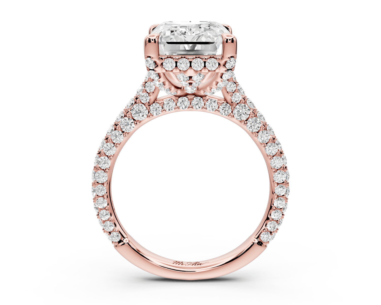 Bianca - 5ct 18k rose gold emerald Diamond hidden halo with a diamond crown and bridge rollover pave cathedral Engagement ring - Mr. Alex Jewelry