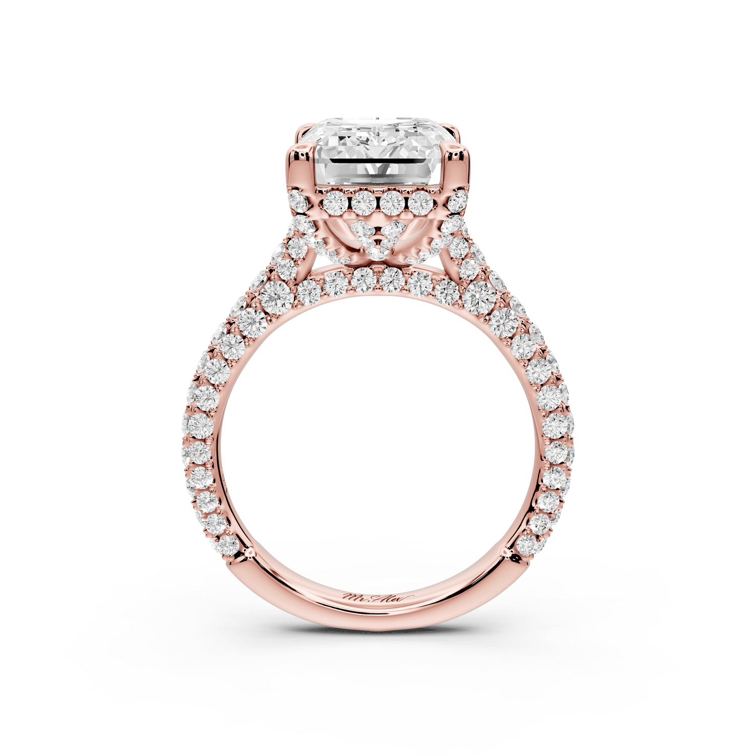 Bianca - 5ct 18k rose gold emerald Diamond hidden halo with a diamond crown and bridge rollover pave cathedral Engagement ring - Mr. Alex Jewelry